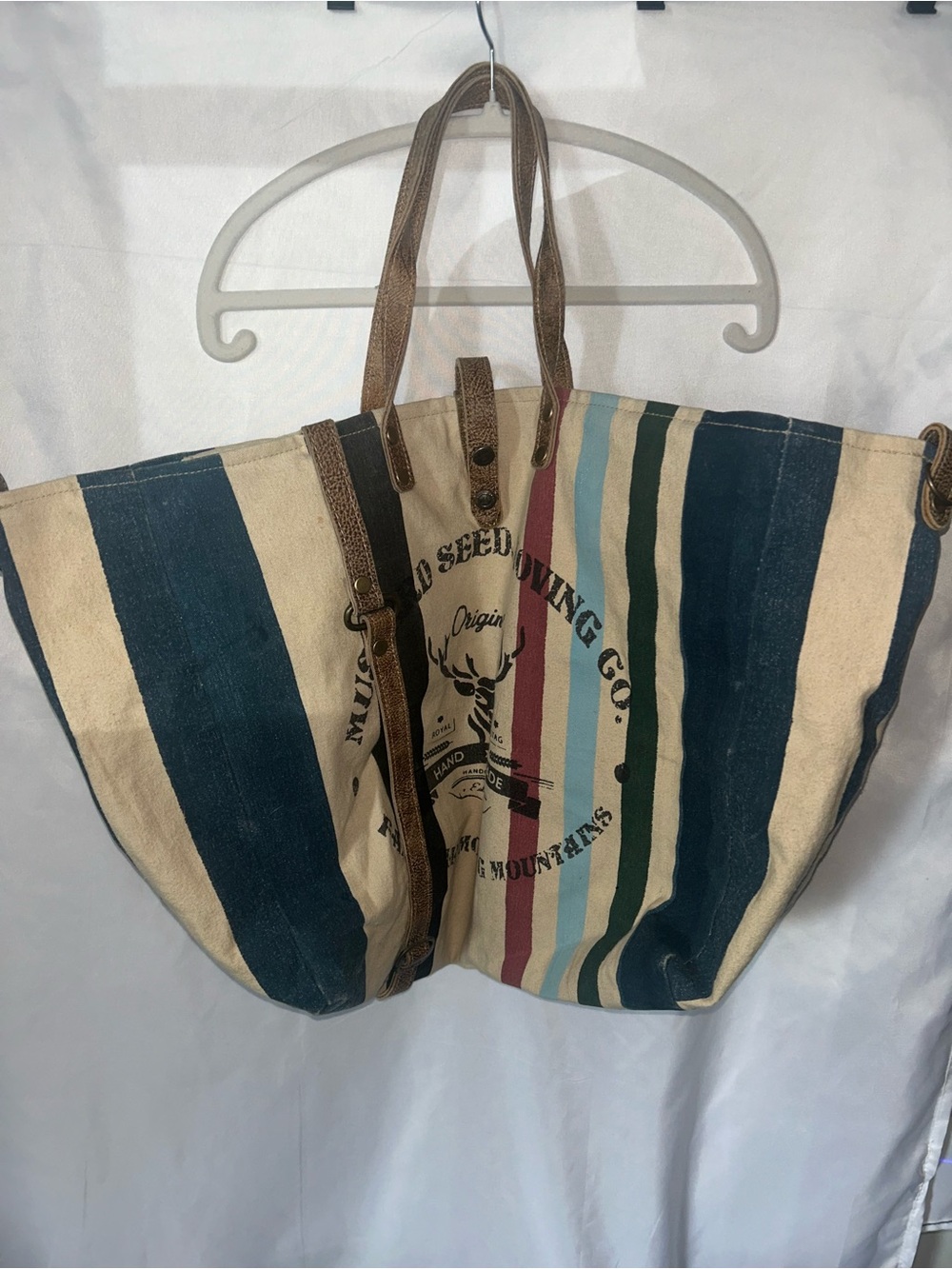 Myra Striped Canvas Tote Bag with Leather Handles - Multicolor